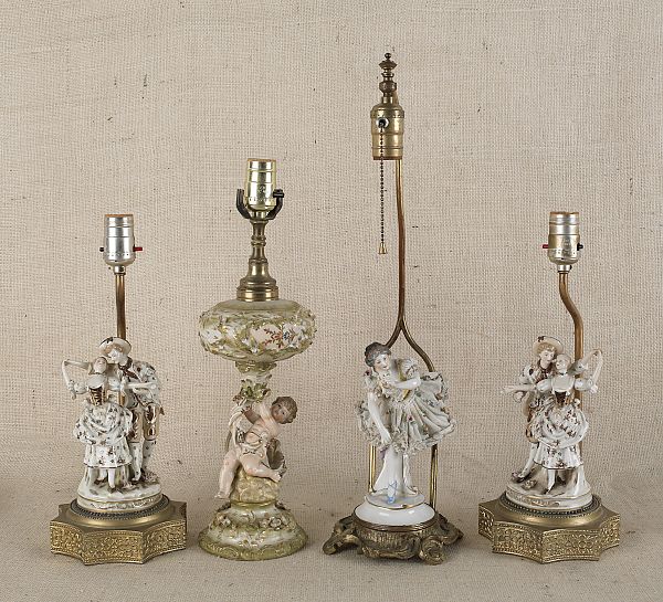 Four figural porcelain table lamps 20th