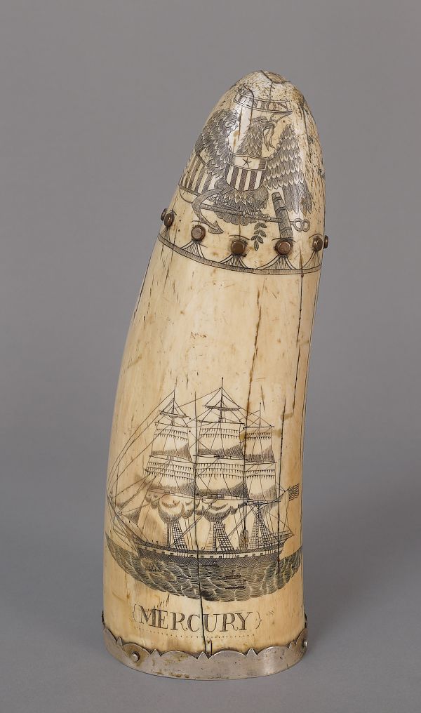 Scrimshaw decorated tusk 20th c. depicting