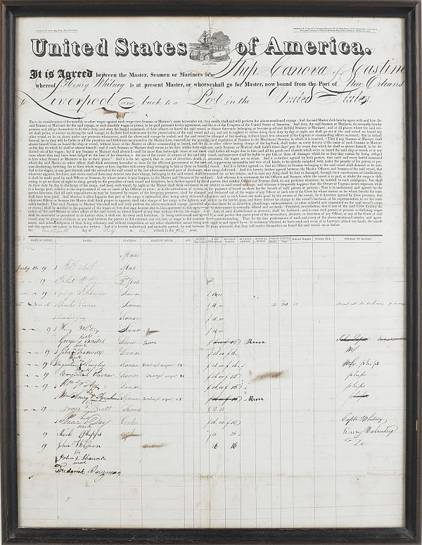 Framed ship s manifest for the 176060