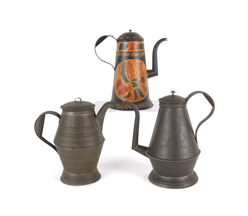 Three tin coffee pots 19th c. with later