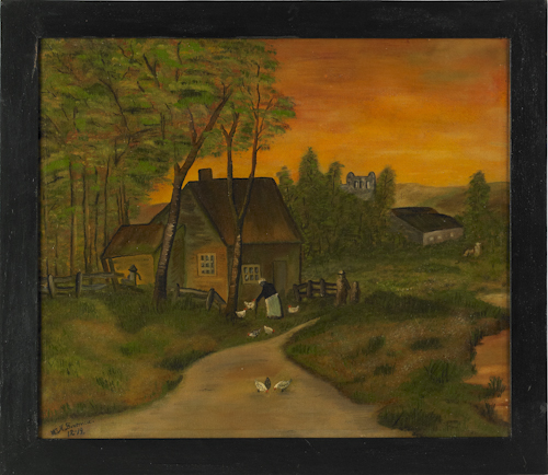 Oil on canvas primitive farmscene 1761a4