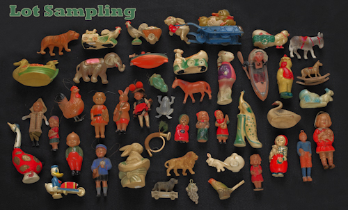 Sixty-four celluloid figural toys