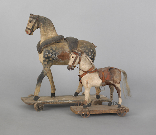 Two wooden horse pull toys early 1761d4