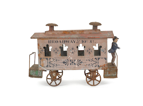 Painted tin trolley car 19th c. Broadway