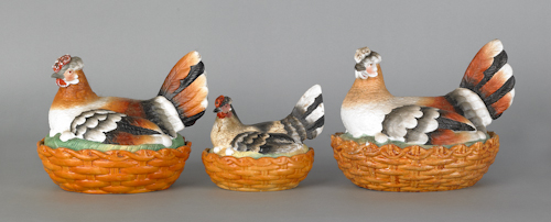 Three porcelain hen on nest late 19th