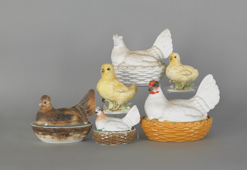 Four hen on nest two milk glass 176239