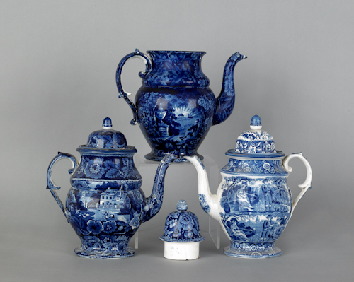Three historical blue coffee pots 17629c