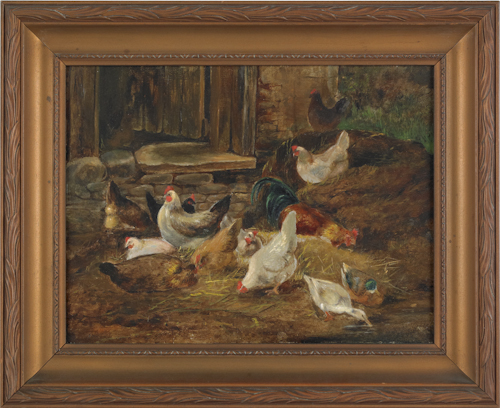 Oil on board landscape with chickens