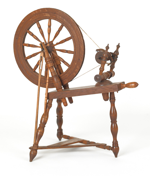 Oak spinning wheel 19th c. stamped P.