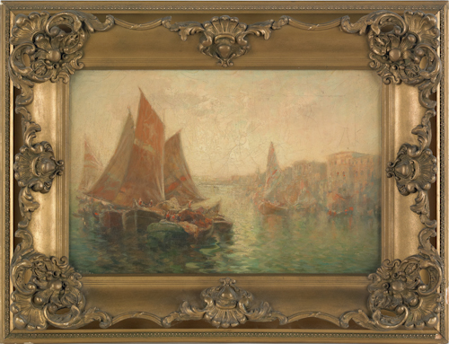 Oil on canvas harbor scene 12 1/2 x