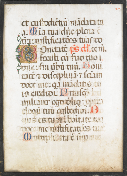 Framed vellum manuscript page 20