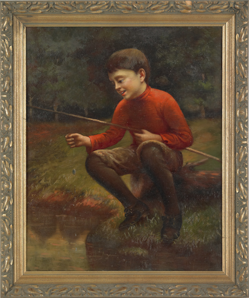Oil on canvas of a young boy fishing 17640d