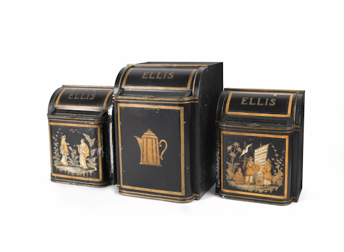 Three Ellis tin tea bins one -