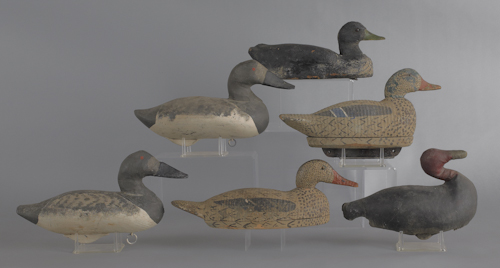 Five carved and painted duck decoys