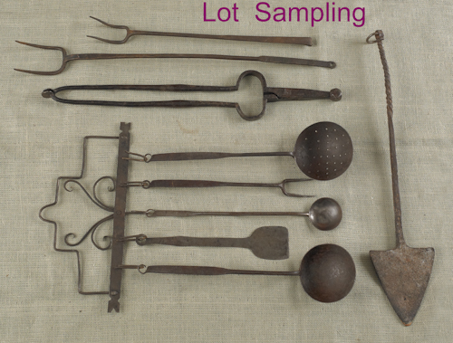 Fourteen wrought iron butchers tools