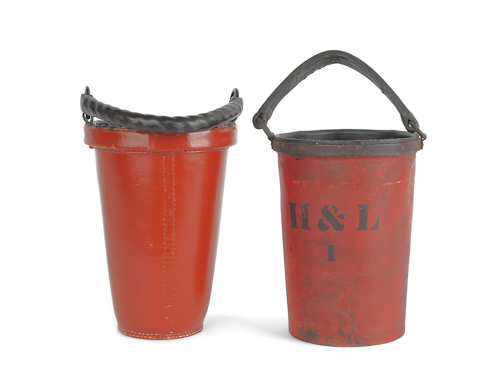 Two leather fire buckets 19th c. tallest
