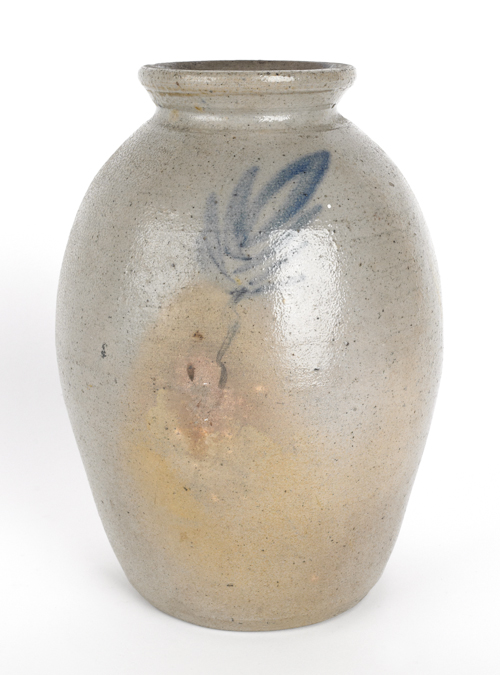Blue decorated stoneware bulbous jar