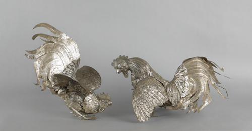 Pair of silvered fighting cockerels 17659a