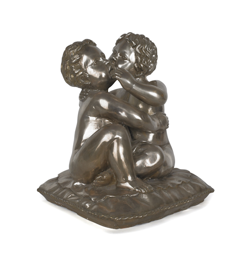 Metal sculpture of two putti 18"