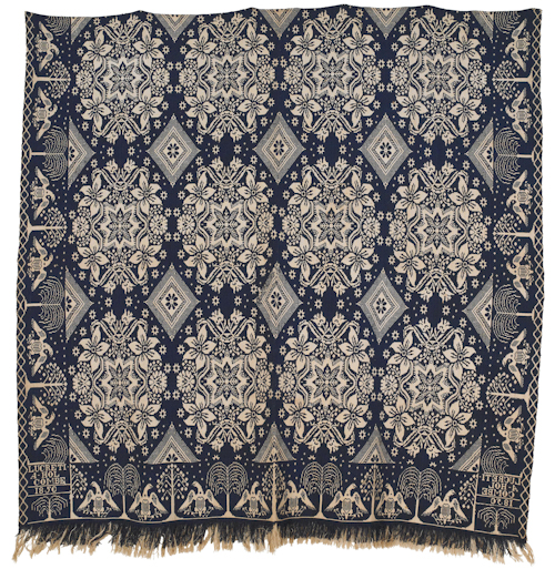 Blue and white jacquard woven coverlet 1766af