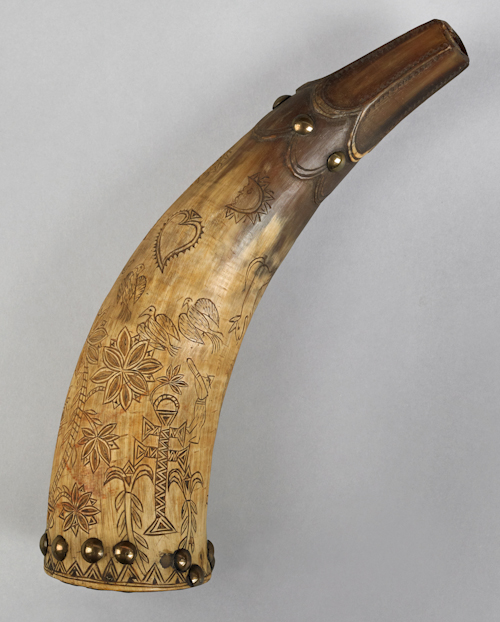 American incised powder horn decorated