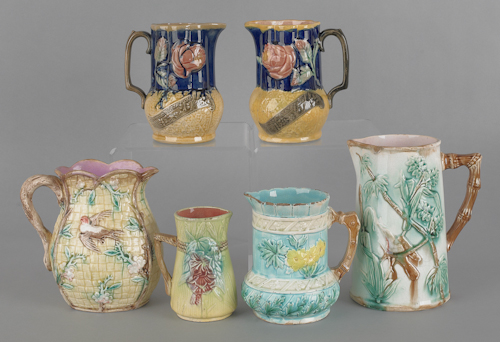 Six majolica pitchers tallest -