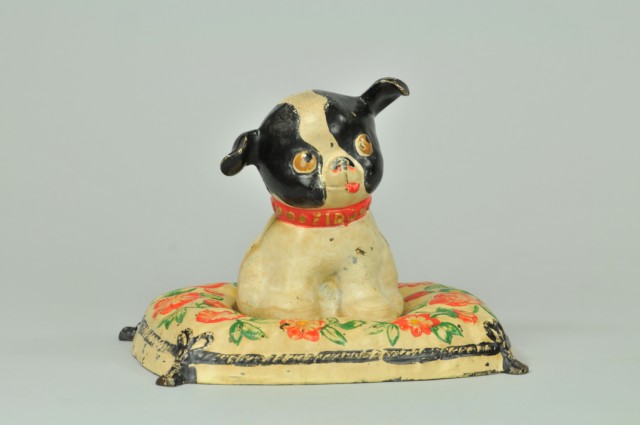 BOSTON TERRIER FIDO ON FLORAL CUSHION