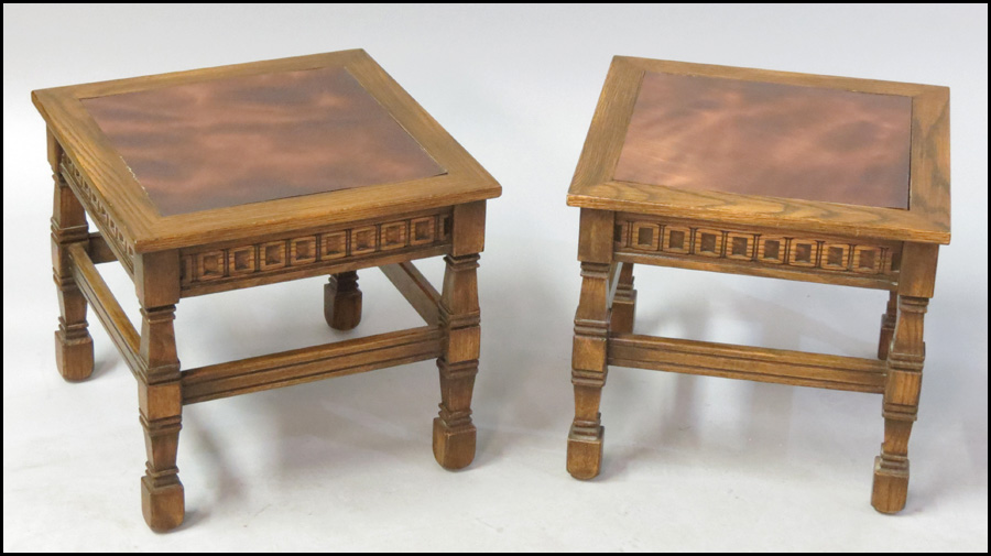 PAIR OF OAK AND COPPER SIDE TABLES  17964e