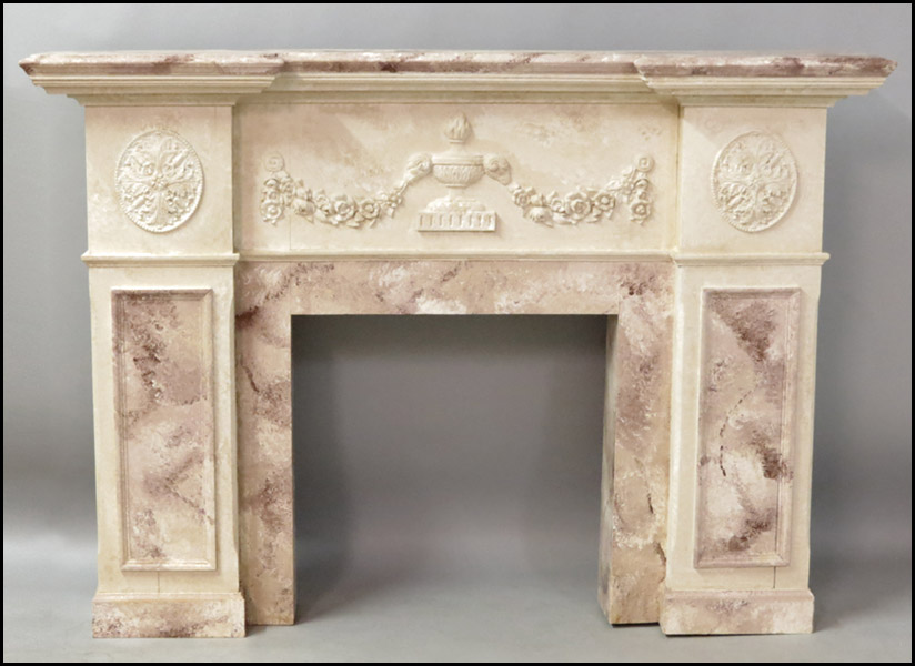 CARVED AND PAINTED WOOD FIREPLACE MANTLE.