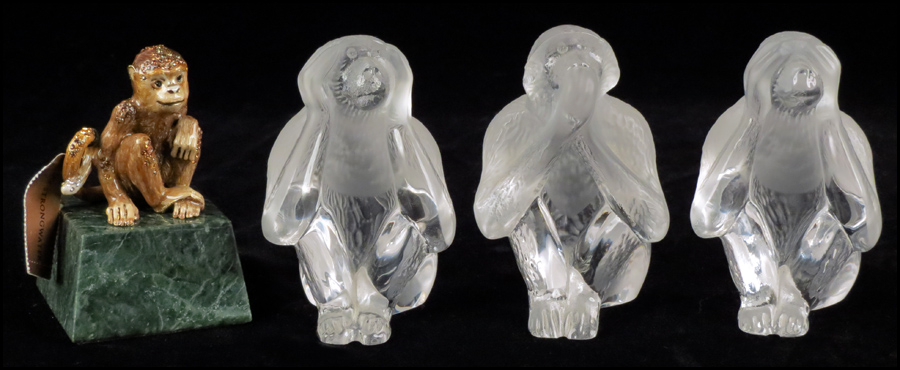 SET OF THREE DAUM FROSTED GLASS MONKEYS.