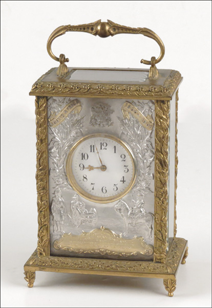 GILT BRONZE CARRIAGE CLOCK. Engraved