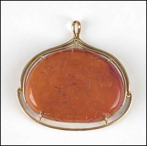 CARVED AMBER AND 14 KARAT YELLOW 17999b