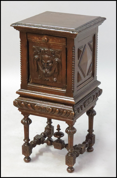 TUDOR STYLE CARVED OAK NIGHTSTAND.