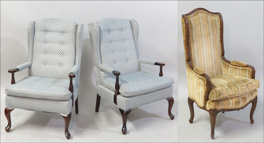 PAIR OF UPHOLSTERED OPEN ARMCHAIRS.