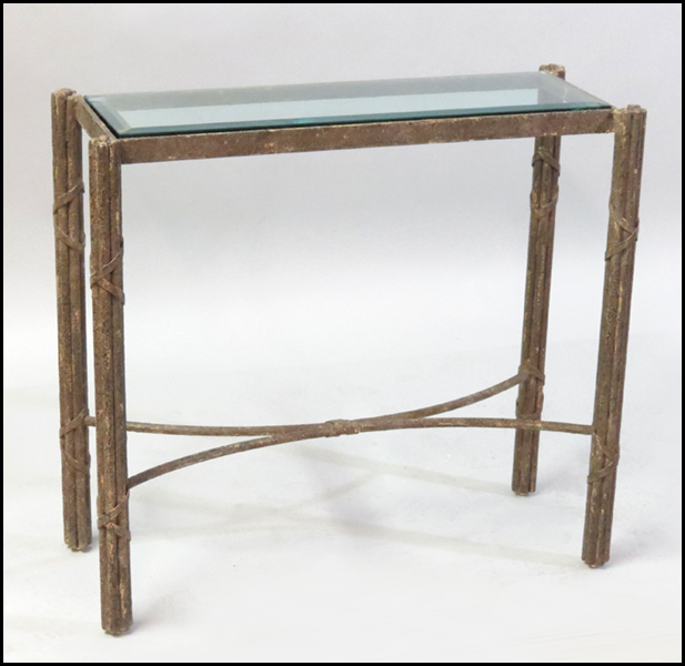 IRON AND GLASS TOP CONSOLE TABLE.