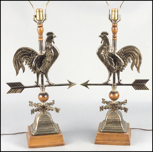 PAIR OF BRASS ROOSTER FORM LAMPS.