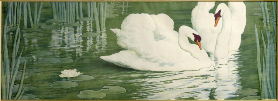 ALFRED MULLER (1869-1940) SWANS. Color