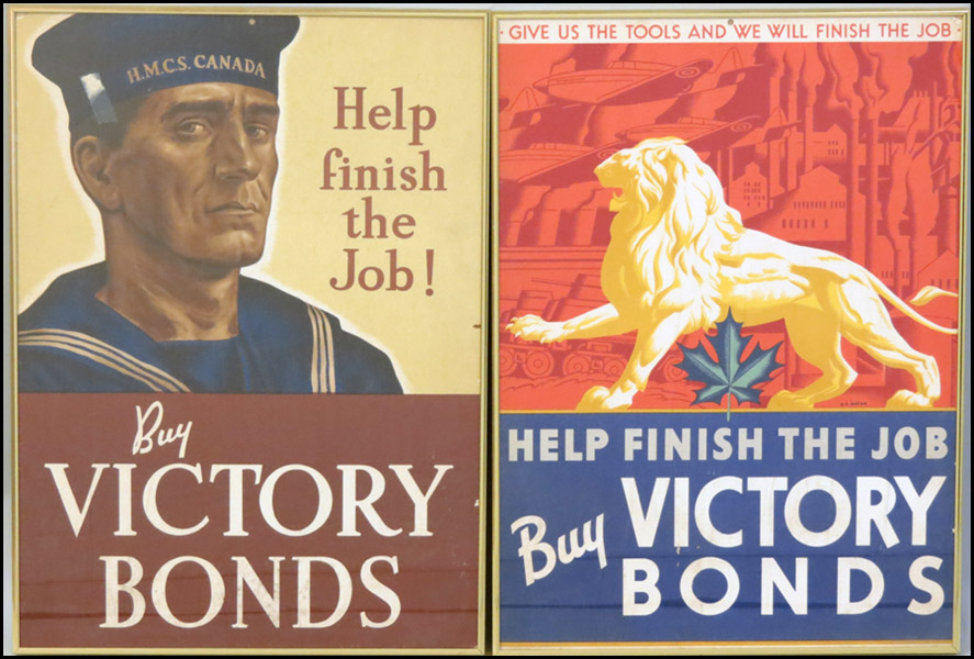 TWO FRAMED VICTORY BONDS POSTERS.