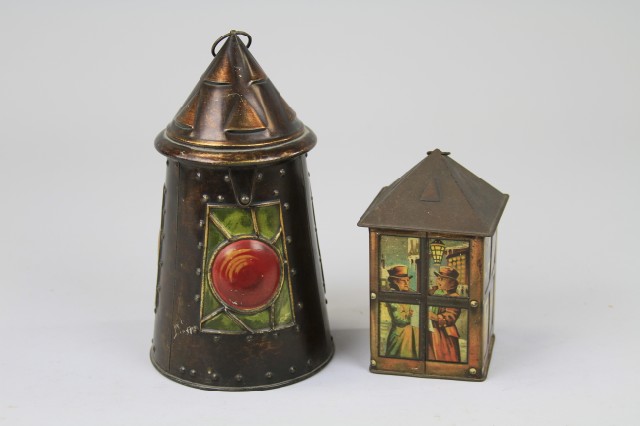 TWO LANTERN TINS Lithographed tinplate.