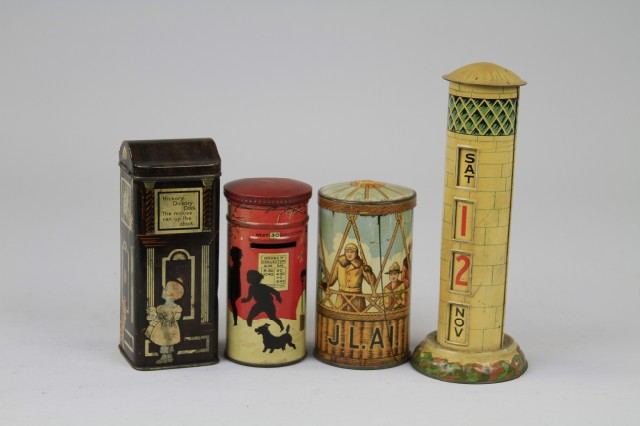 FOUR AMUSING TINS Lithographed tinplate.