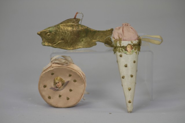 TWO SILK SACKS AND DRESDEN FISH ORNAMENTS