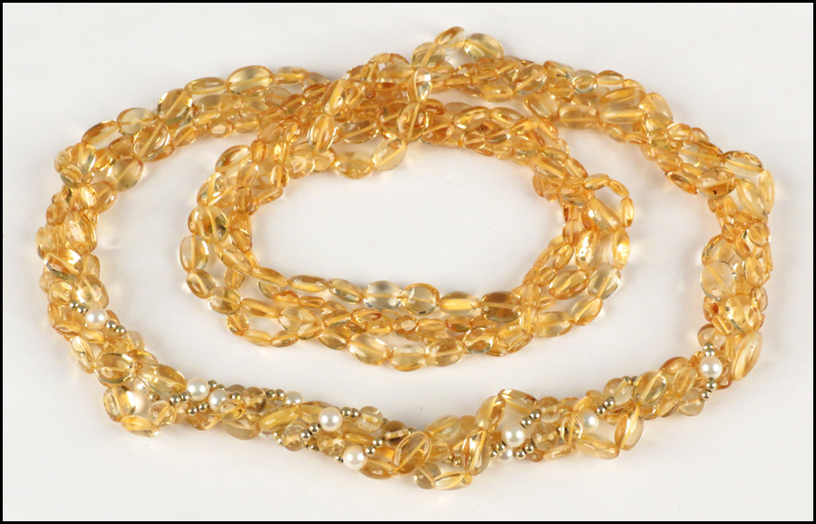 FOUR STRAND CITRINE AND PEARL NECKLACE.