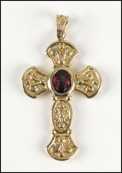 14 KARAT YELLOW GOLD GARNET CROSS  178027