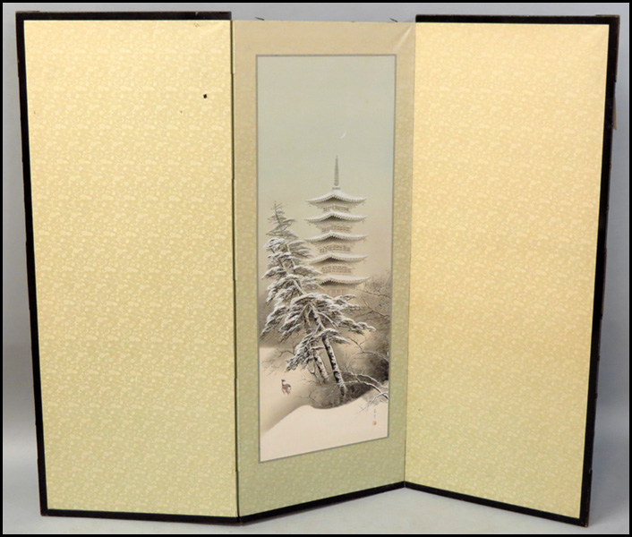 JAPANESE PAINTED THREE-PANEL SCREEN.