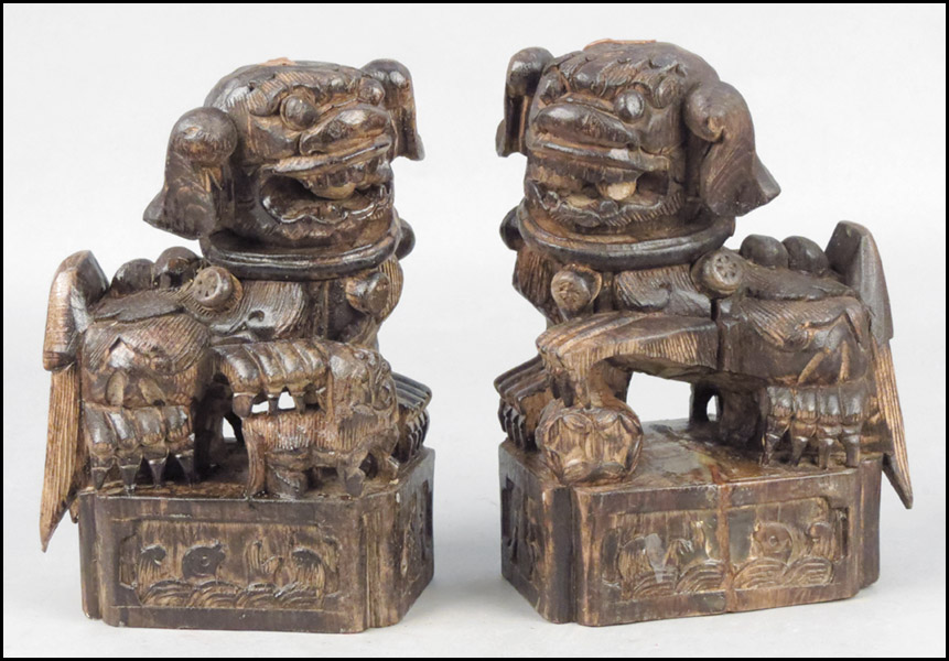 PAIR OF CARVED WOOD FOO DOGS Height  178190