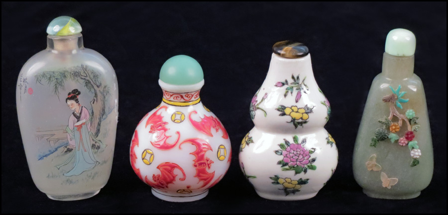 COLLECTION OF FOUR SNUFF BOTTLES. Condition: