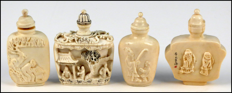 COLLECTION OF FOUR IVORY SNUFF BOTTLES.