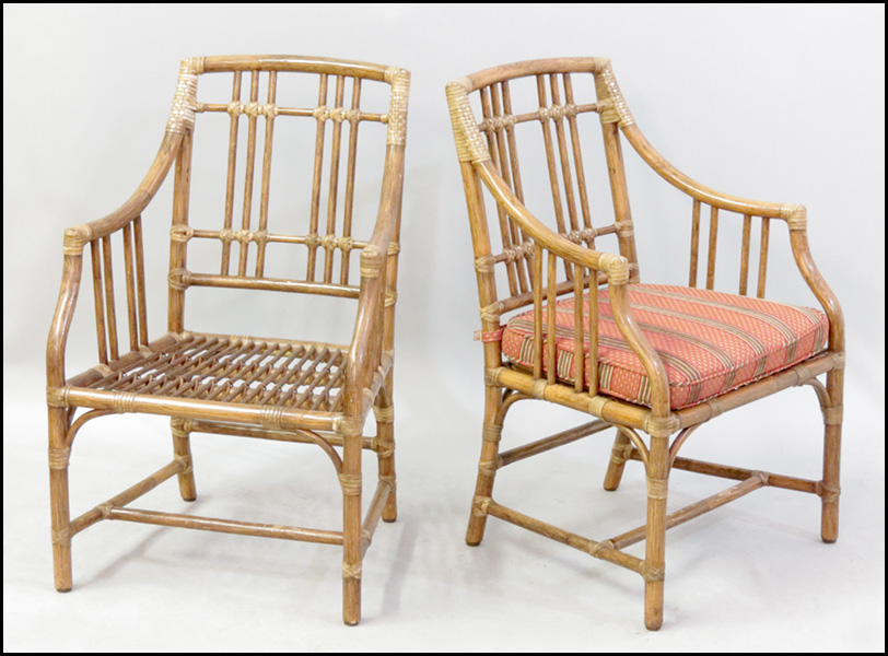 SET OF SIX MCGUIRE RATTAN ARM CHAIRS.