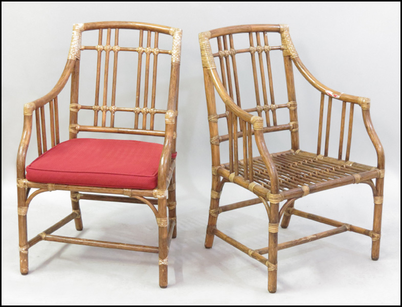 SET OF SEVEN MCGUIRE RATTAN ARMCHAIRS.