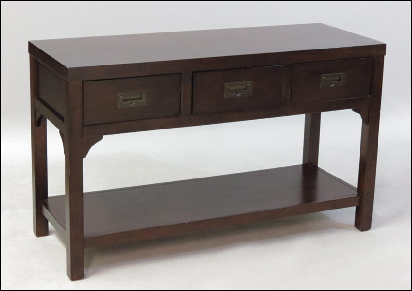 MAHOGANY VENEER THREE DRAWER CONSOLE